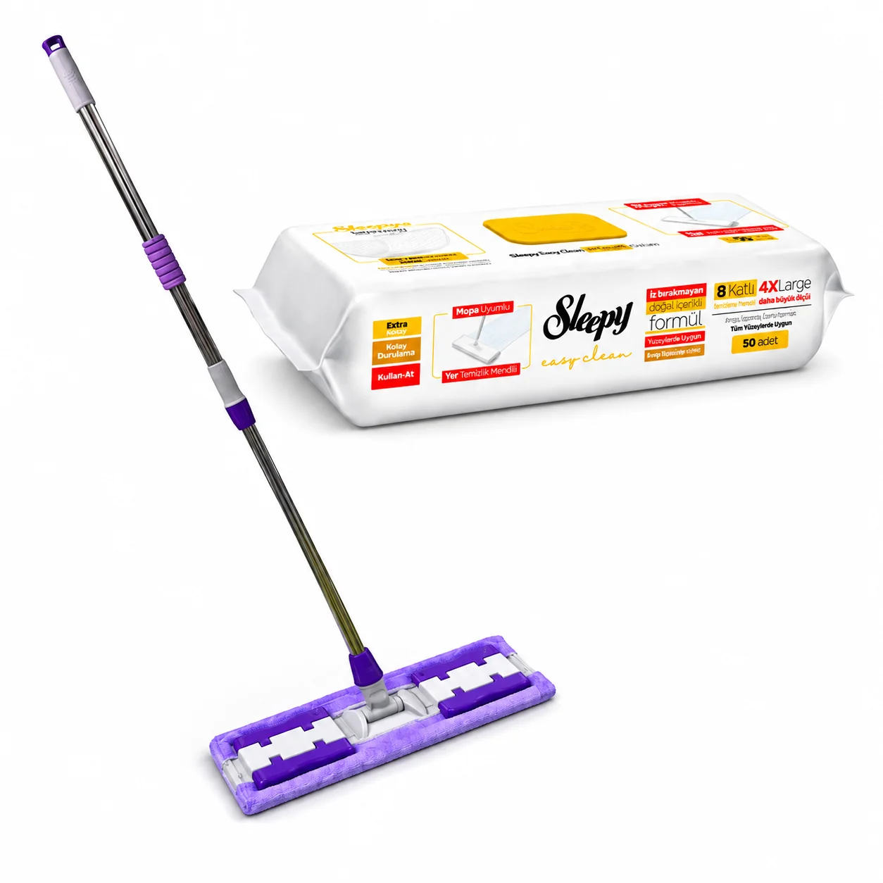 Sleepy plochý mop na podlahy + vlhčené utierky Sleepy 4XL 50 ks eukalyptus (Herbal Soap) set