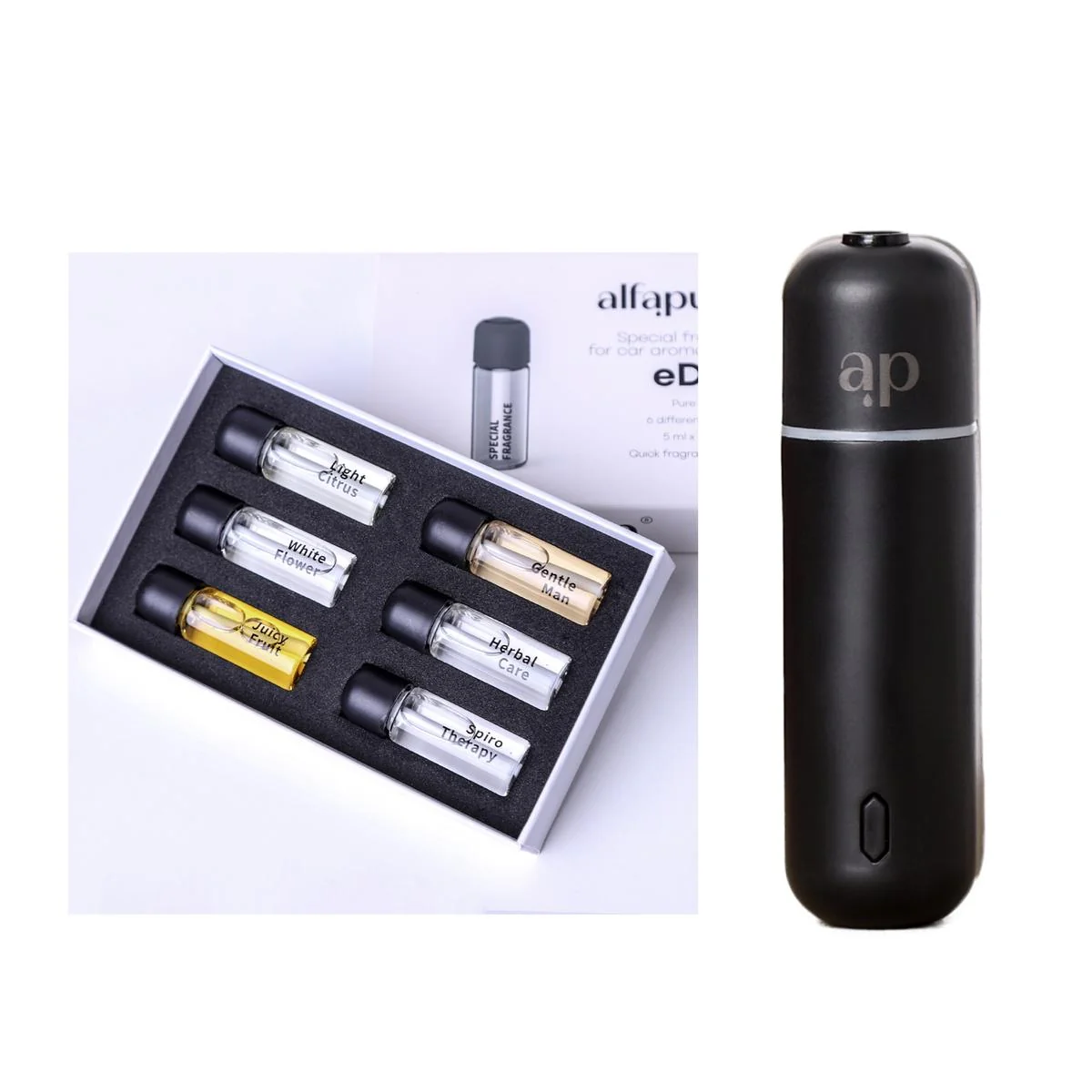 AlfaPureo eDrive – inteligentný difuzér do auta + 6ks aroma olejov Objem: 30 ml, Farba: čierna, biela