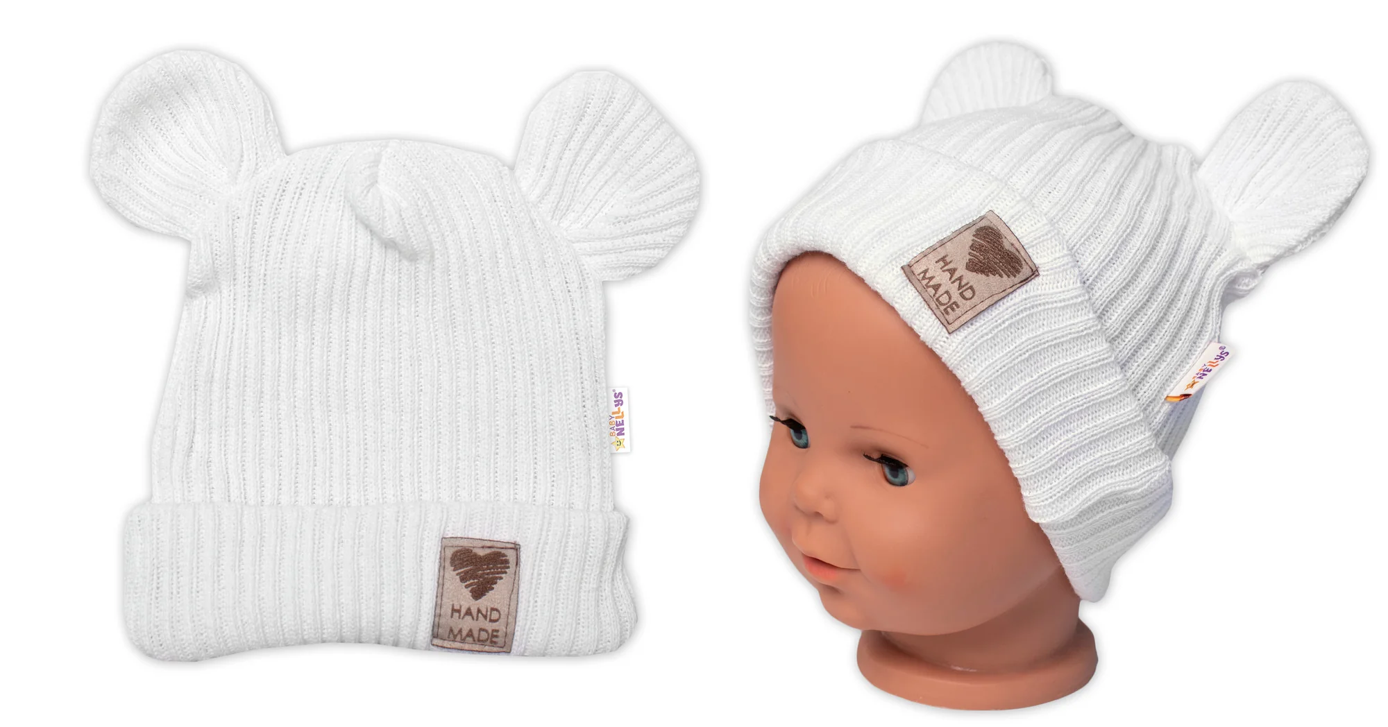 Pletená bavlněná čiapka s uškami, dvojvrstvová, Hand Made Baby Nellys, biela, veľ. 68/74