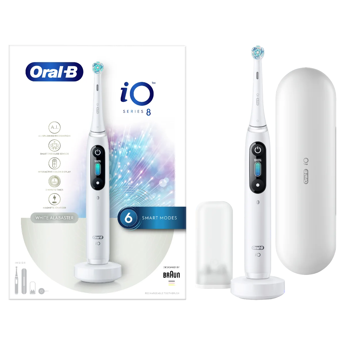 Oral B EK iO Series 8 White + držiak zubnej kefky + cestovné púzdro 1×1 set, elektrická kefka s držiakom a puzdrom