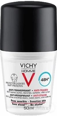 VICHY HOMME Antiperspirant pre mužov proti škvrnám 50 ml 1×50 ml, antiperspirant pre citlivú pokožku