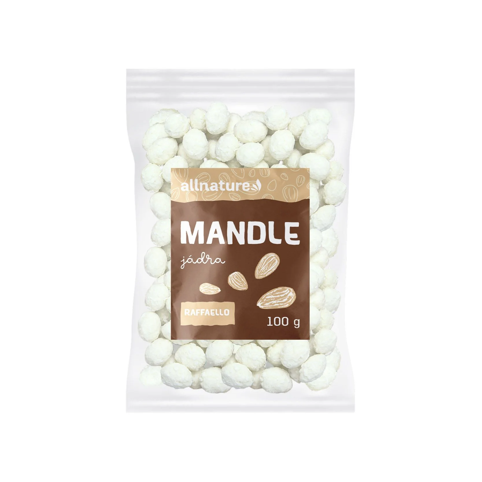 Allnature Mandle Raffaello 100g 1×100 g, mandle v bielej čokoláde s kokosom