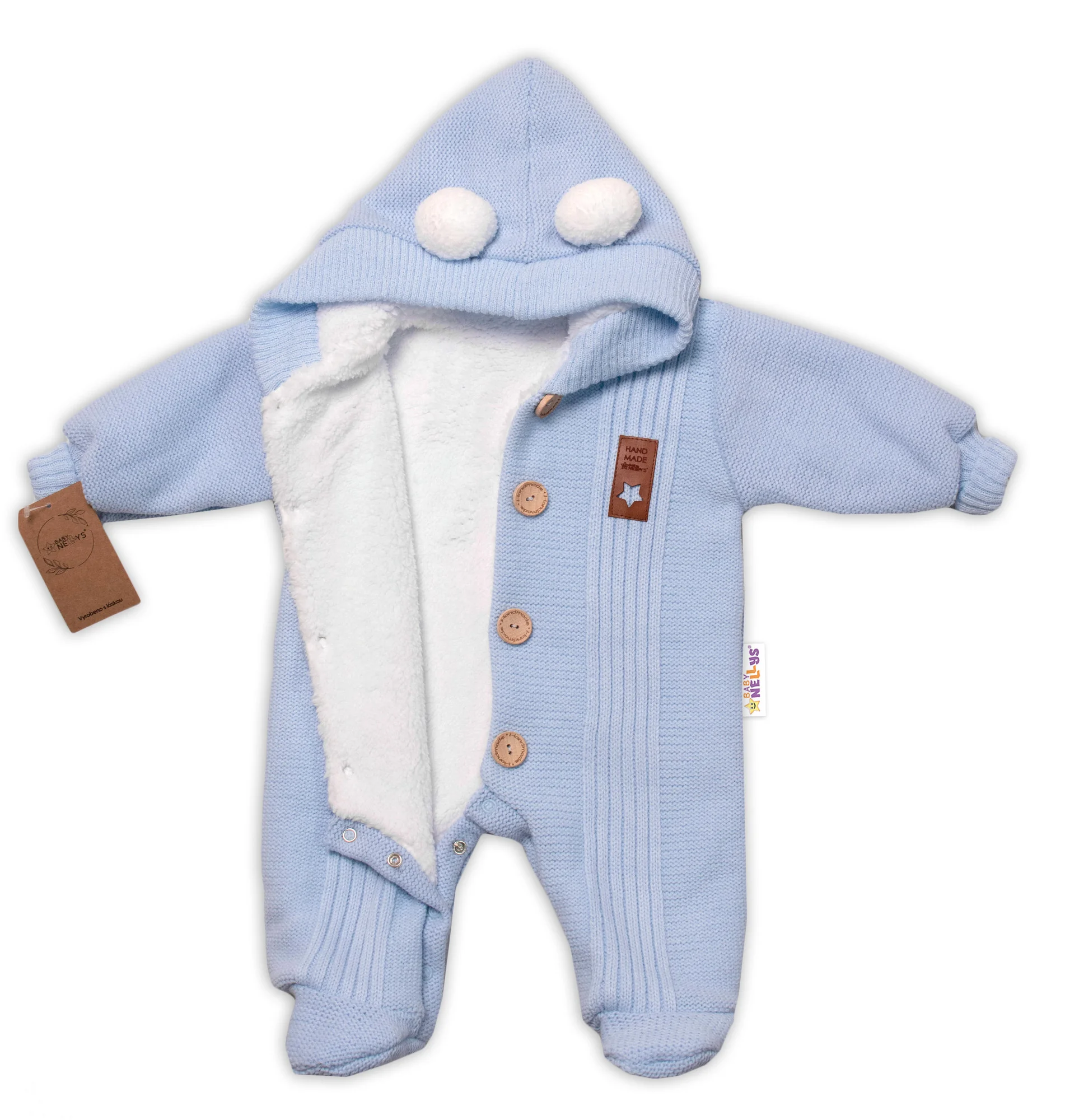 Baby Nellys Pletená kombinéza/overal LUX STAR s kožúškom, dvojvrstvová, sv. modrá, veľ. 68