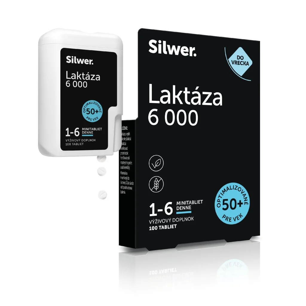 Silwer Laktáza 6 000, minitablety v dvojbalení 100+100 minitabliet. Enzým laktáza, trávenie laktózy pri intolerancii.