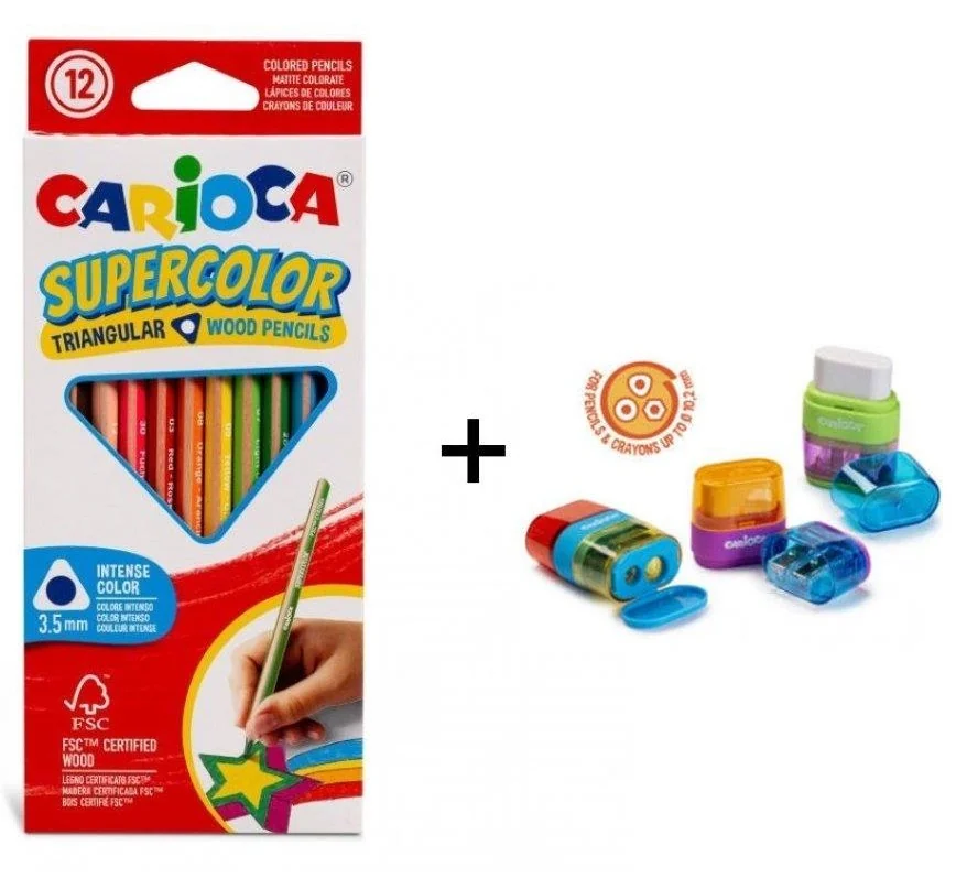 Farbičky SUPERCOLOR trojhranné, nelámavé 12ks + strúhatko so zásobníkom s dvojitým otvorom s gumou CARIOCA