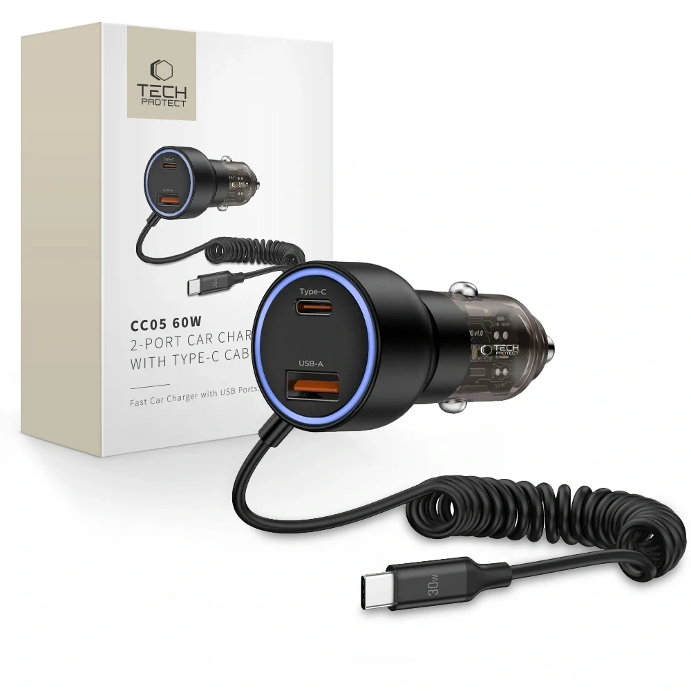 Tech-Protect CC05 autonabíjačka USB / USB-C 60W PD + kábel USB-C, čierna na