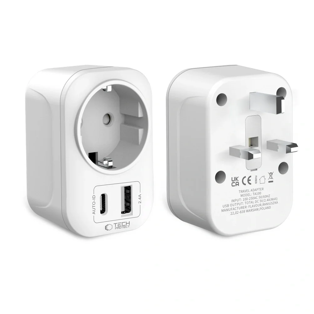 Tech-Protect TA100 cestovný adaptér UK / EU, biely