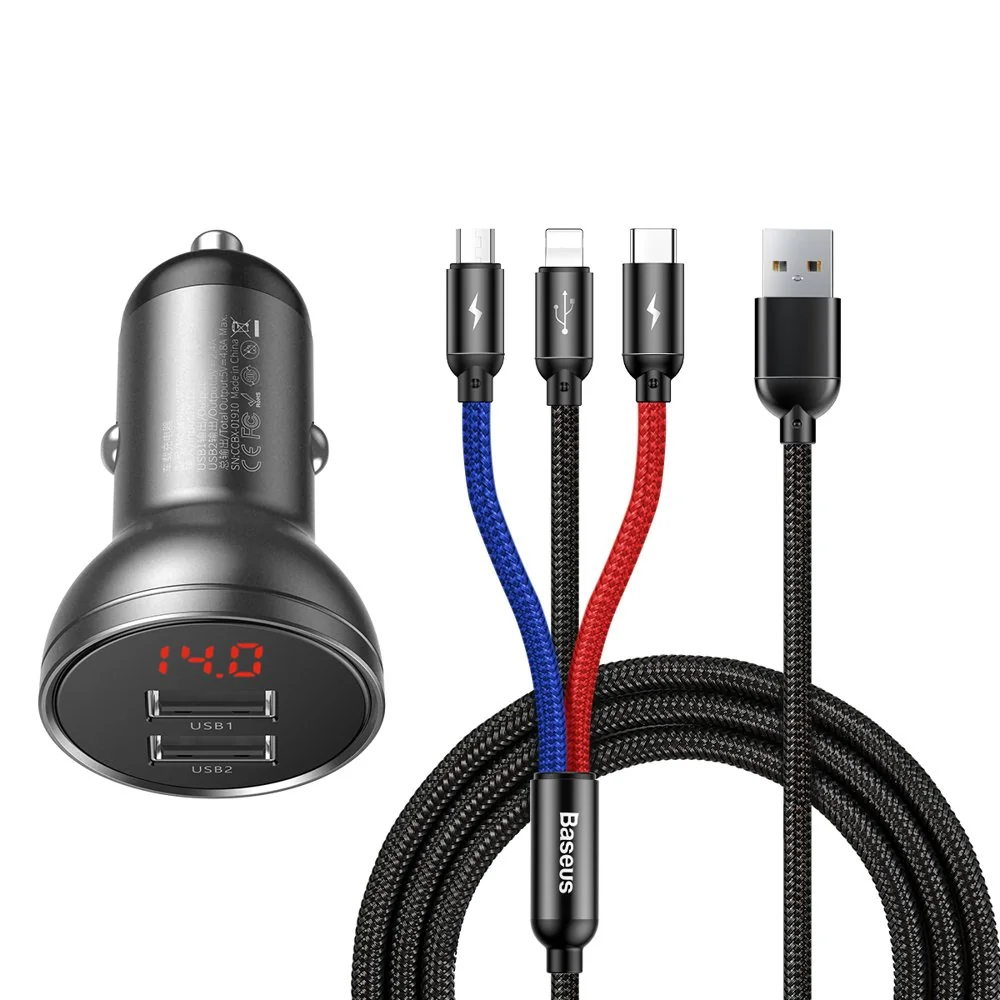 Baseus Digital 2x USB autonabíjačka + 3in1 kábel USB - UBS C / Micro U SB / Lightning 1.2m, čierna
