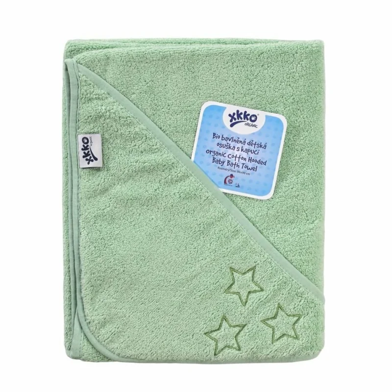 XKKO Organic BIO detská froté osuška s kapucňou 90x90 Mint Stars