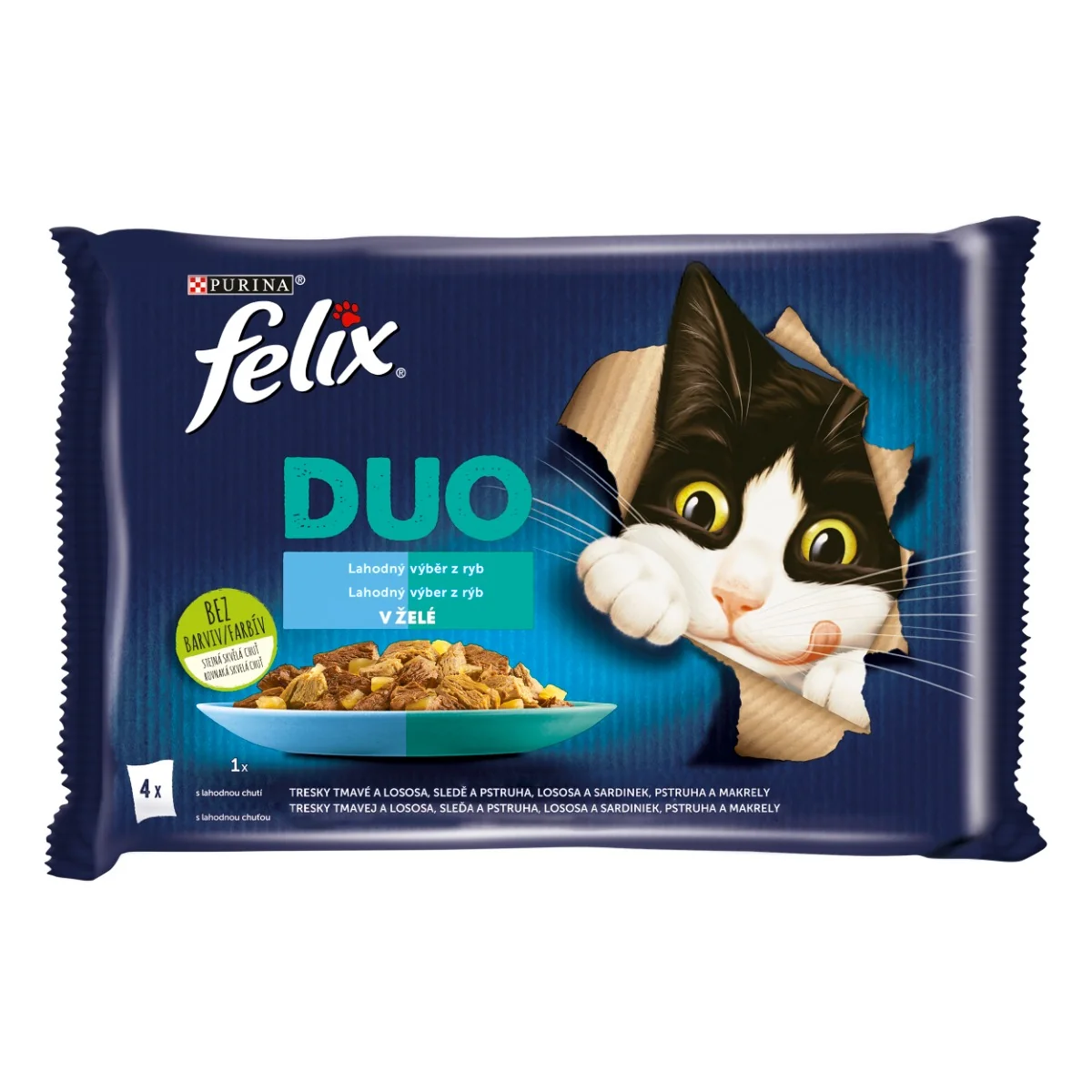 Felix Fantastic DUO kapsičky pre mačky treska a losos, losos a sardinky, sleď a pstruh, pstruh a makrela 4x85 g 4×85 g, kapsičky pre mačky