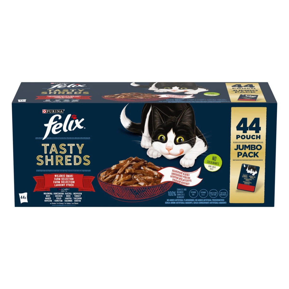 Felix Tasty Shreds kapsičky pre mačky hovädzie, kura, kačica, morka v šťave 44x80 g 44×80 g, kapsičky pre mačky