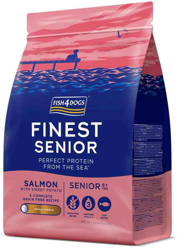 FISH4DOGS Granule malé pre starších psy Finest losos so sladkými zemiakmi 1,5kg, 8+ 1×1500 g, granule pre staršie psy