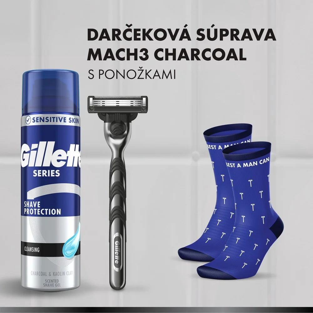 Gillette darčeková sada Mach3 Charcoal: pánsky holiaci strojček s 3 čepeľami, 2 náhradné hlavice, gél na holenie, ponožky 1 set