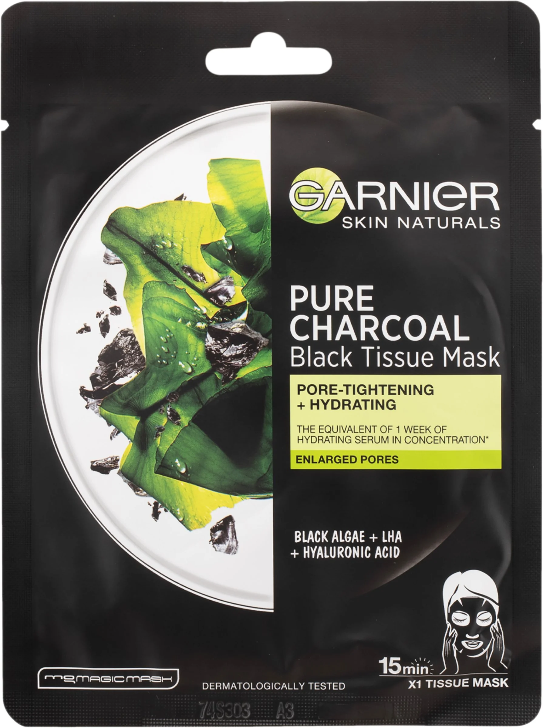 GARNIER Skin Black Mask PURE CHARCOAL Čierne riasy 1×32 g, hydratačná textilná maska s obsahom aktívneho uhlia