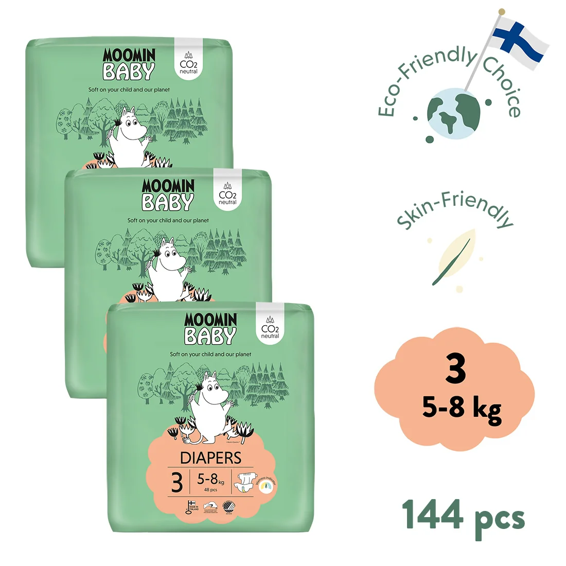 Moomin Baby 3 Midi 5–8 kg, mesačné balenie eko plienok 1×144 ks, eko plienky