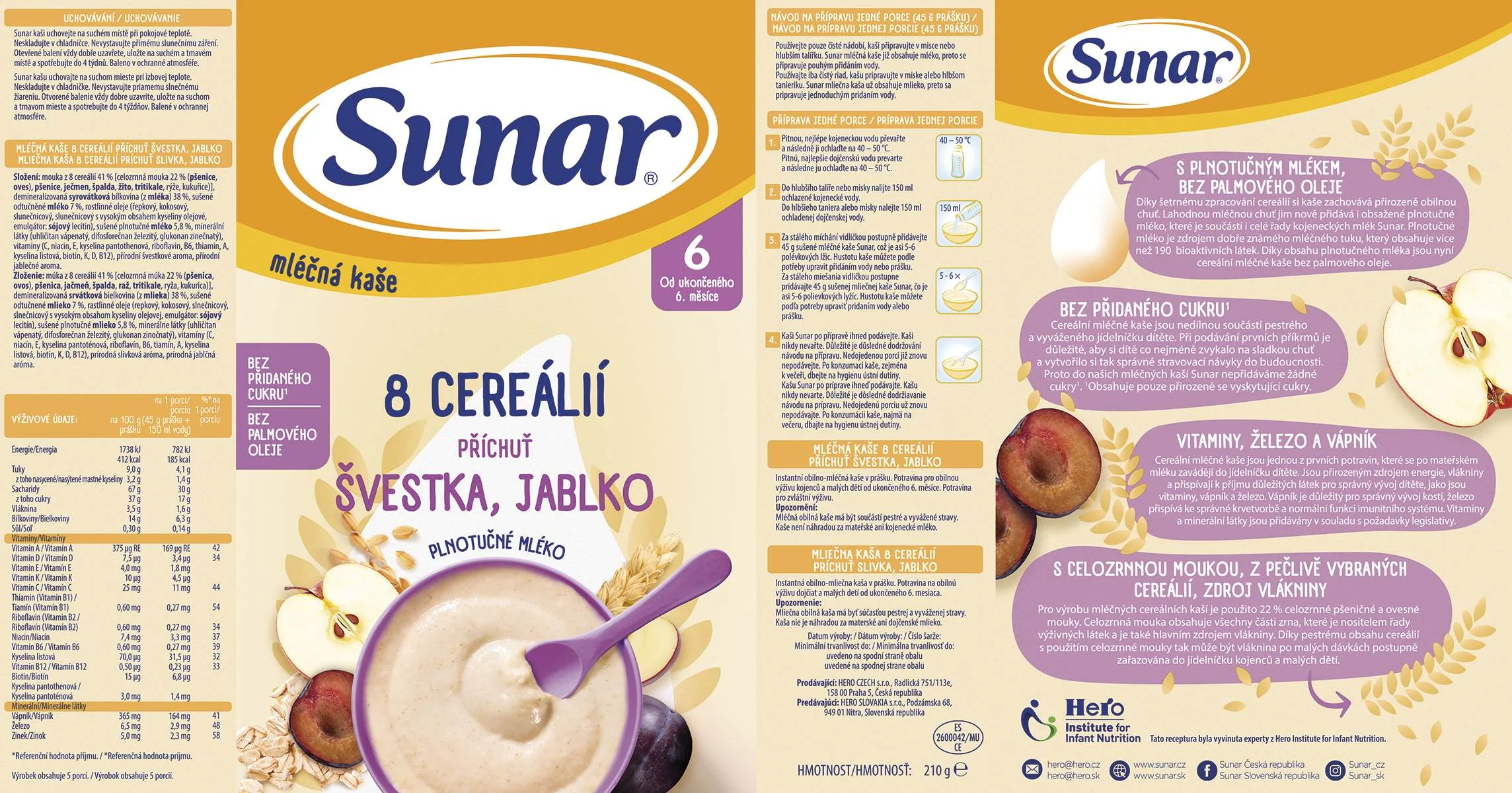 Sunar mliečna kaša 8 cereálií príchuť slivka, jablko 1×210 g, instantná, obilno-mliečna kaša, od ukončeného 6. mesiaca