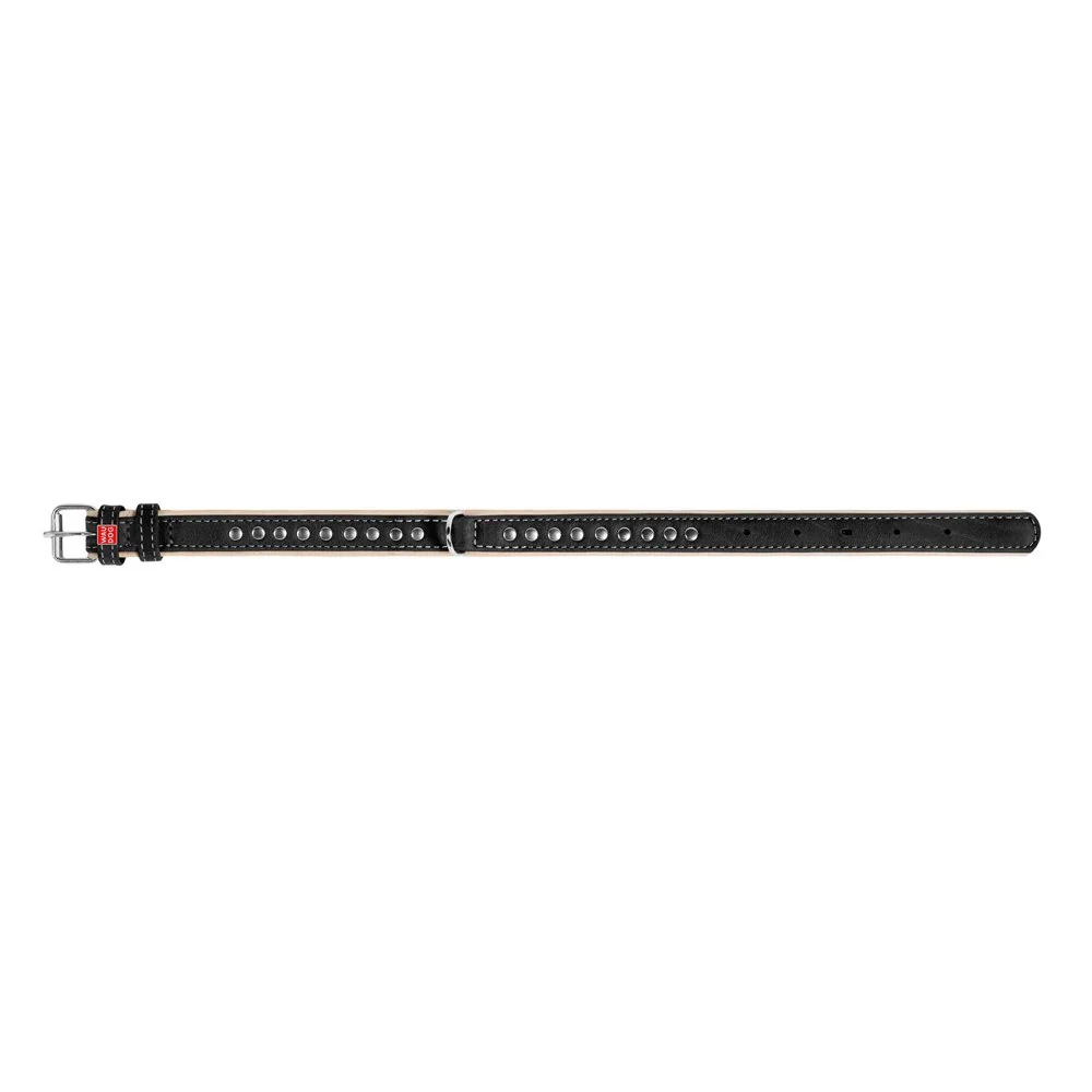 Plochý kožený obojok Soft čierno béžový vybíjaný, Obvod krku: 27-36cm, šírka: 15mm
