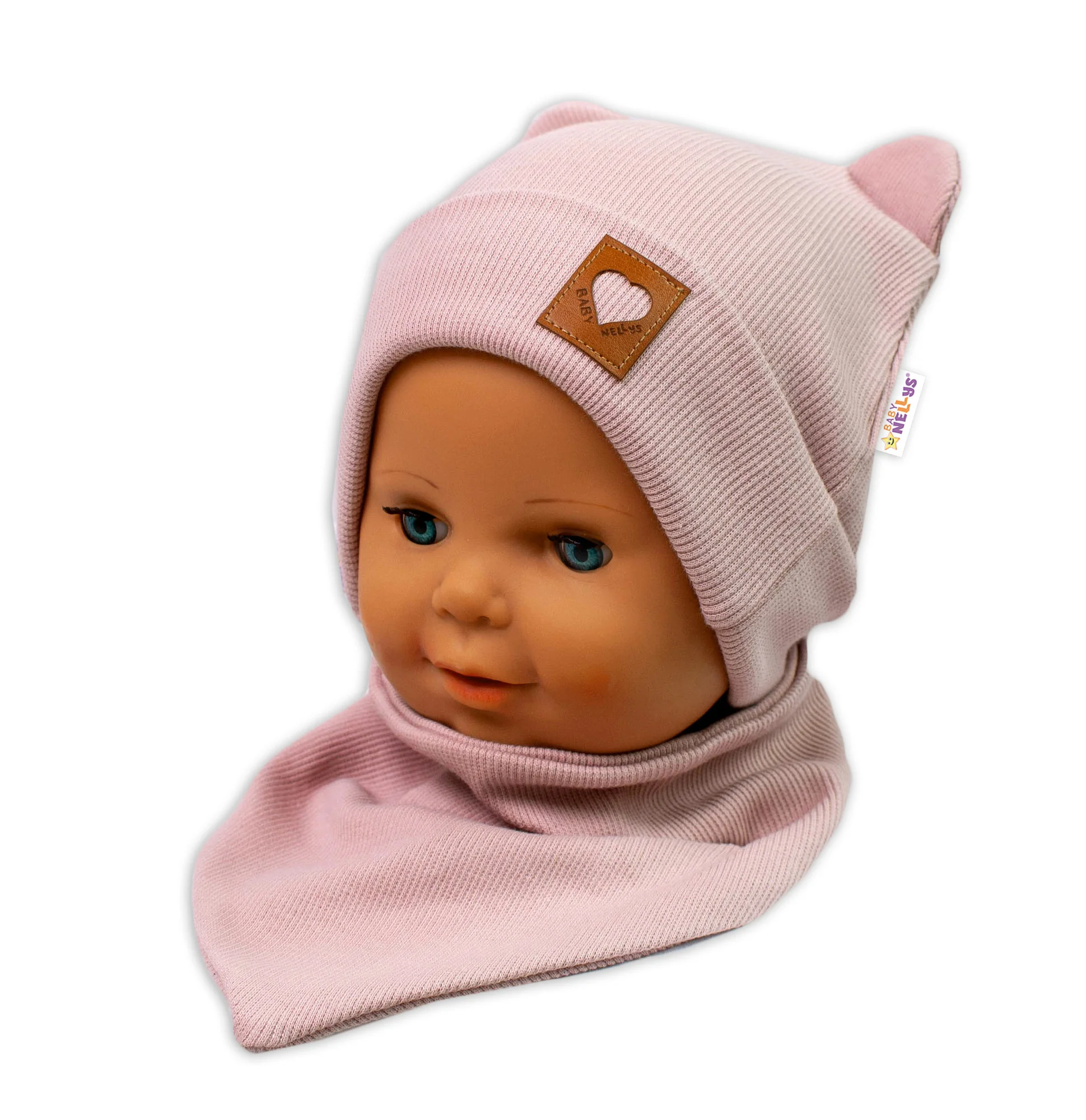 Baby Nellys Rebrovaná dvojvrstvová čiapka s uškami + šatka TEDDY - púdrová, 68/74
