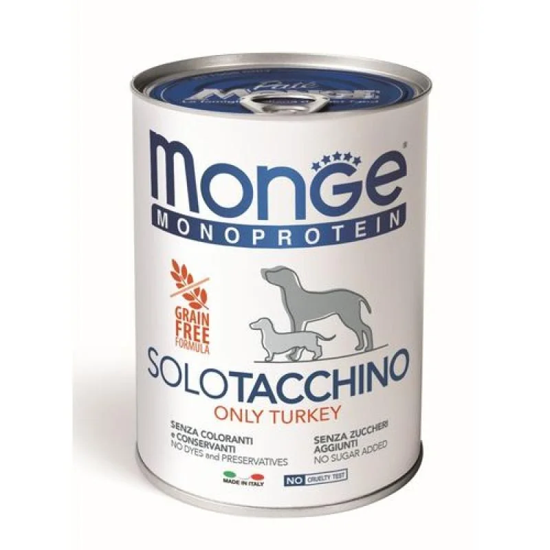 MONGE Monoprotein Adult Turkey 400g paštéta čisto morčacie pre dospelé psy