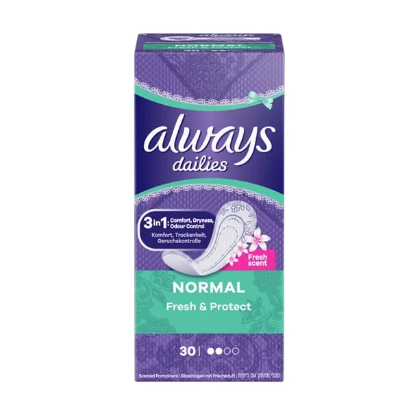 Always Dailies Normal Fresh & Protect So sviežou vôňou Intímky, Priedušné, Flexibilné A Pohodlné S Absorpčným Jadrom 1×30ks, vložky