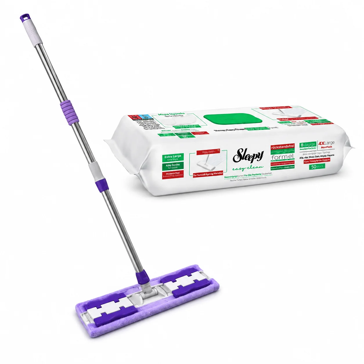 Sleepy plochý mop na podlahy + vlhčené utierky Sleepy 4XL 50 ks biele mydlo (White Soap) set