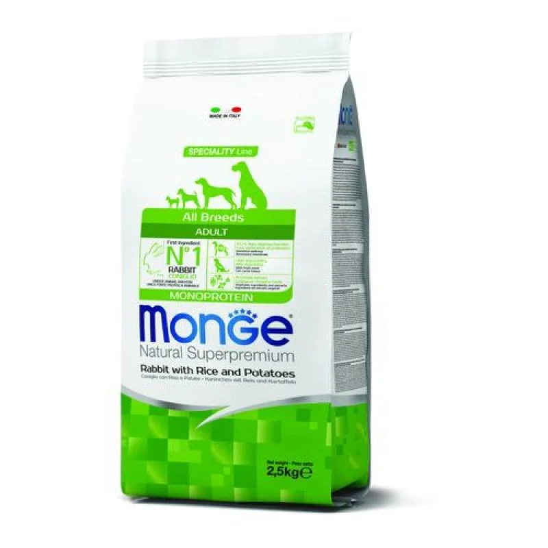 MONGE Natural Superpremium All Breeds Adult 2,5kg monoproteínové krmivo králik/ryža/zemiaky pre dospelé psy všetkých plemien