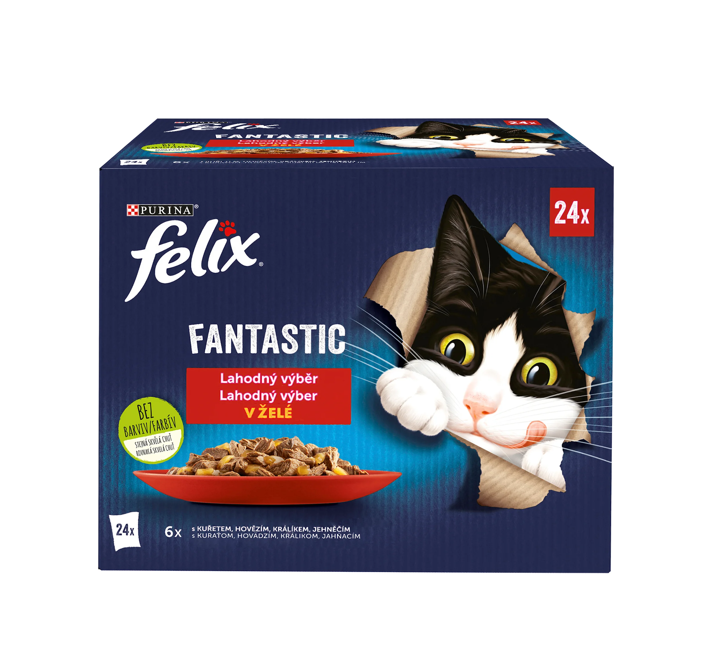 Felix Fantastic kapsičky pre mačky kura, hovädzie, králik, jahňacie v želé 24×85 g 24×85 g, kapsičky pre mačky