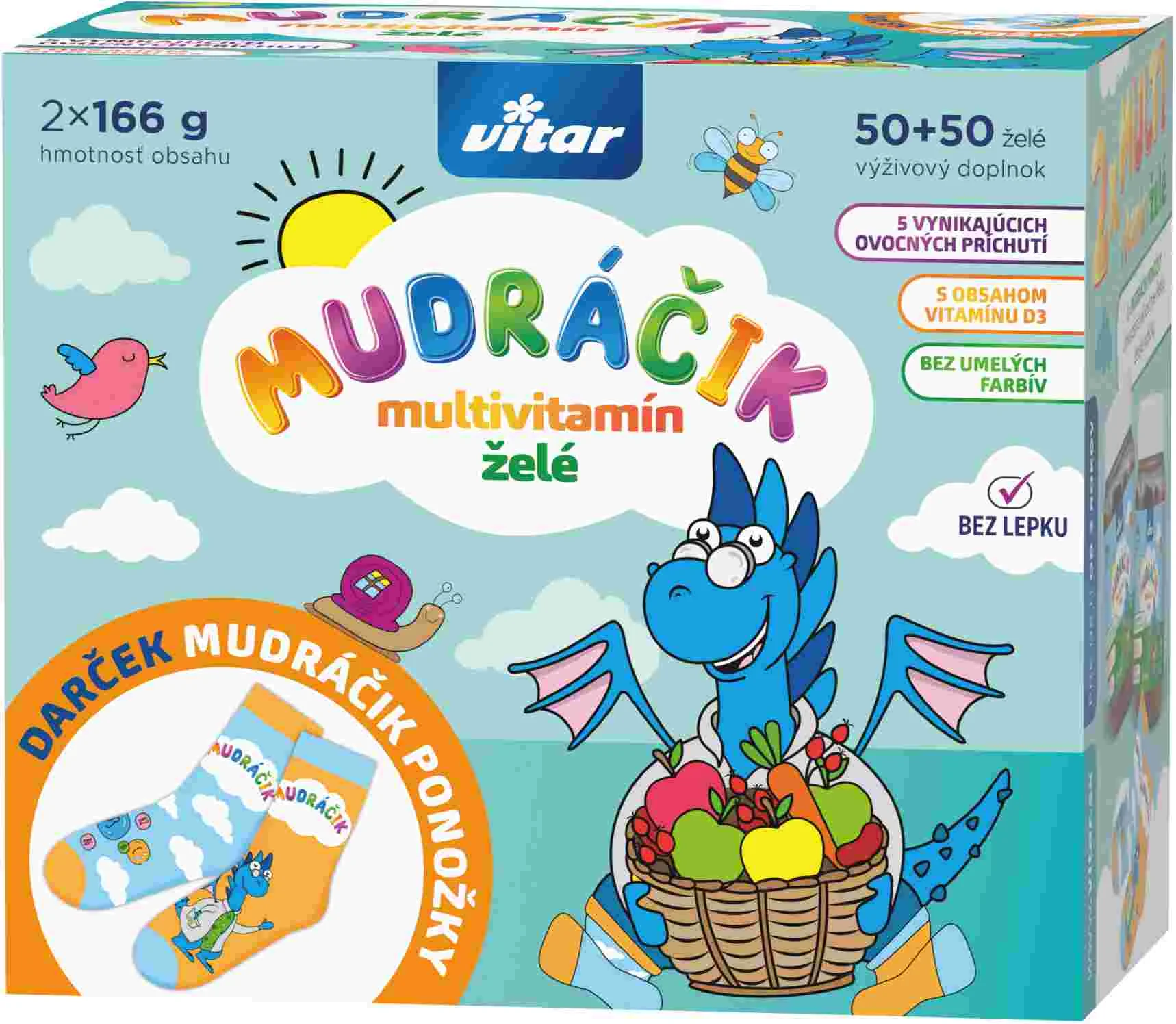 VITAR MUDRÁČIK multivitamín želé DUOPACK, 50 + 50 ks + ponožky 2×50 tbl, výživový doplnok