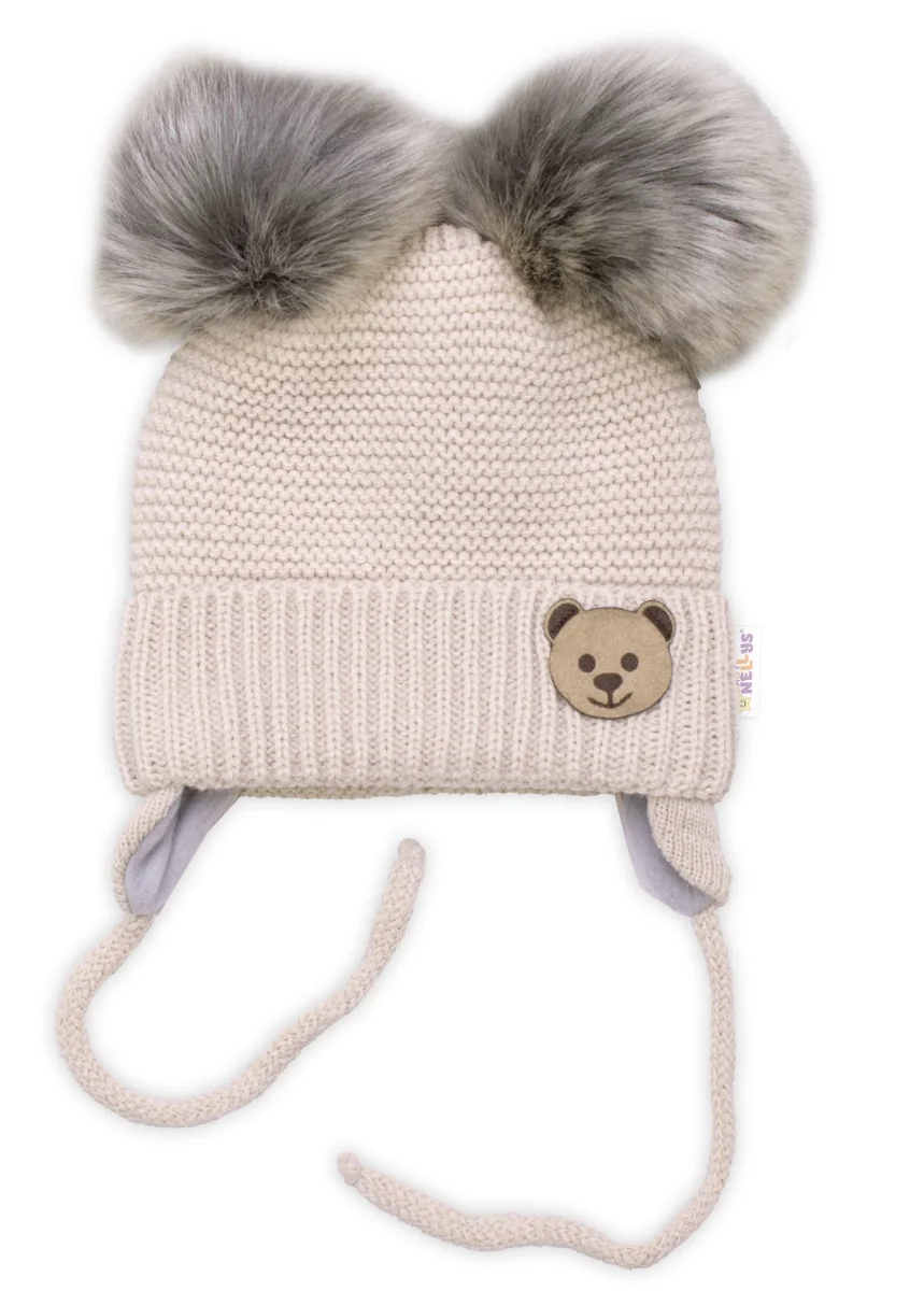 Detská sada, zimná čiapka so šálom + rukavičky 3D, Teddy Bear - béžová
