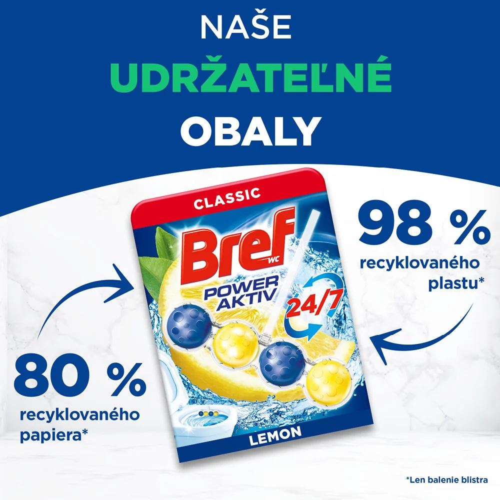 Bref Power Aktiv tuhý WC blok Lemon 4×50 g 4×50 g, WC blok