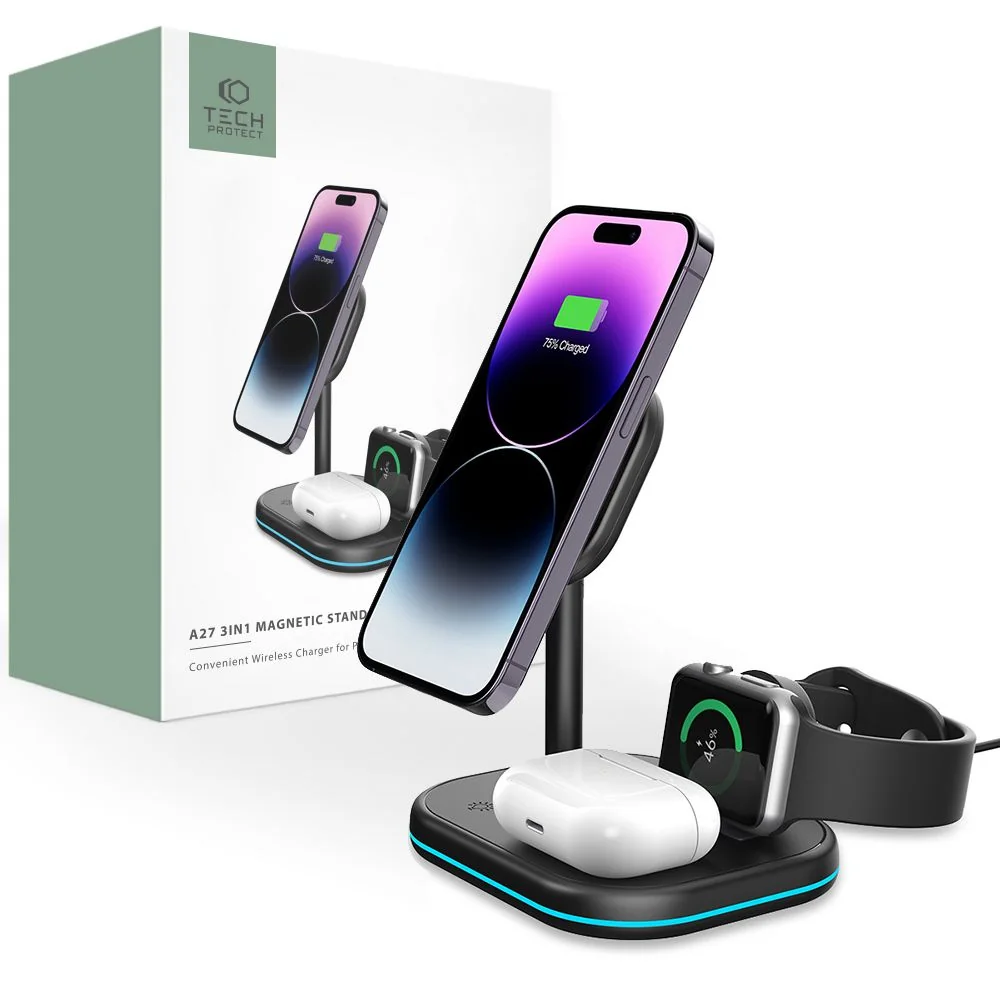 Tech-Protect A27 MagSafe bezdrôtová nabíjačka na mobil / Apple Watch / Airpods, čierna Airpods, čierna