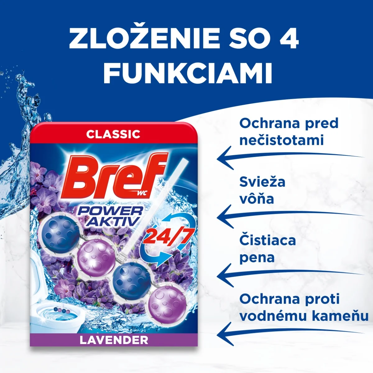 Bref Power Aktiv tuhý WC blok Lavender 3×50 g, WC blok