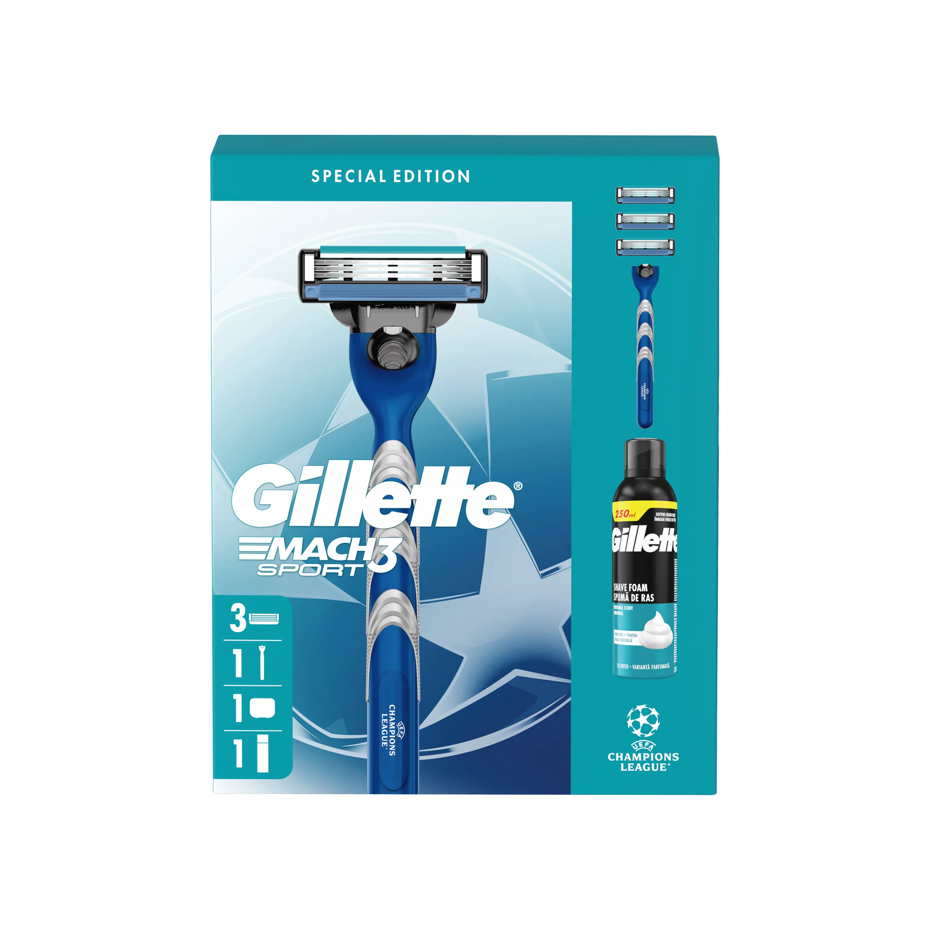 Gillette Mach3 UEFA Champions League Special Edition: pánsky holiaci strojček, 3 náhradné hlavice, pena na holenie 250 ml 1 set