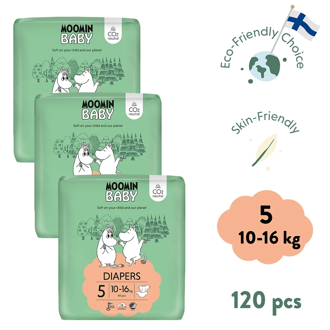 Moomin Baby 5 Maxi 10–16 kg, mesačné balenie plienok 1×120 ks,  plienky