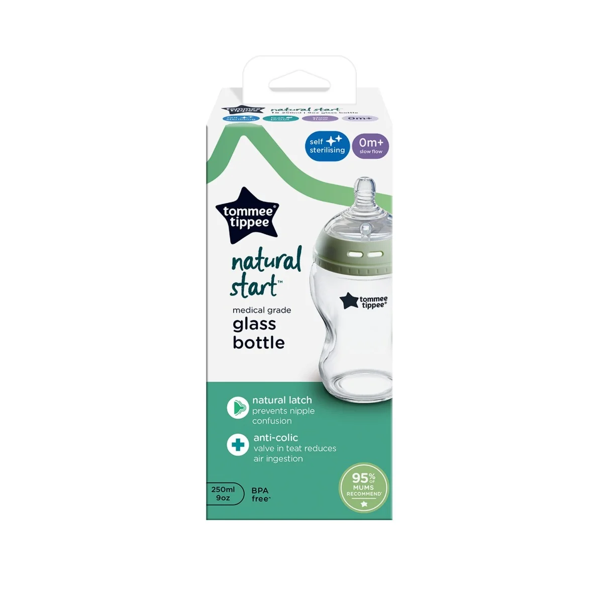 Tommee Tippee Natural Start Sklenená Samoterilizačná Dojčenská Fľaša s ANTI-COLIC cumlíkom Pomalý Prietok 250 ml, 0m+ 1×1 ks, dojčenská fľaša