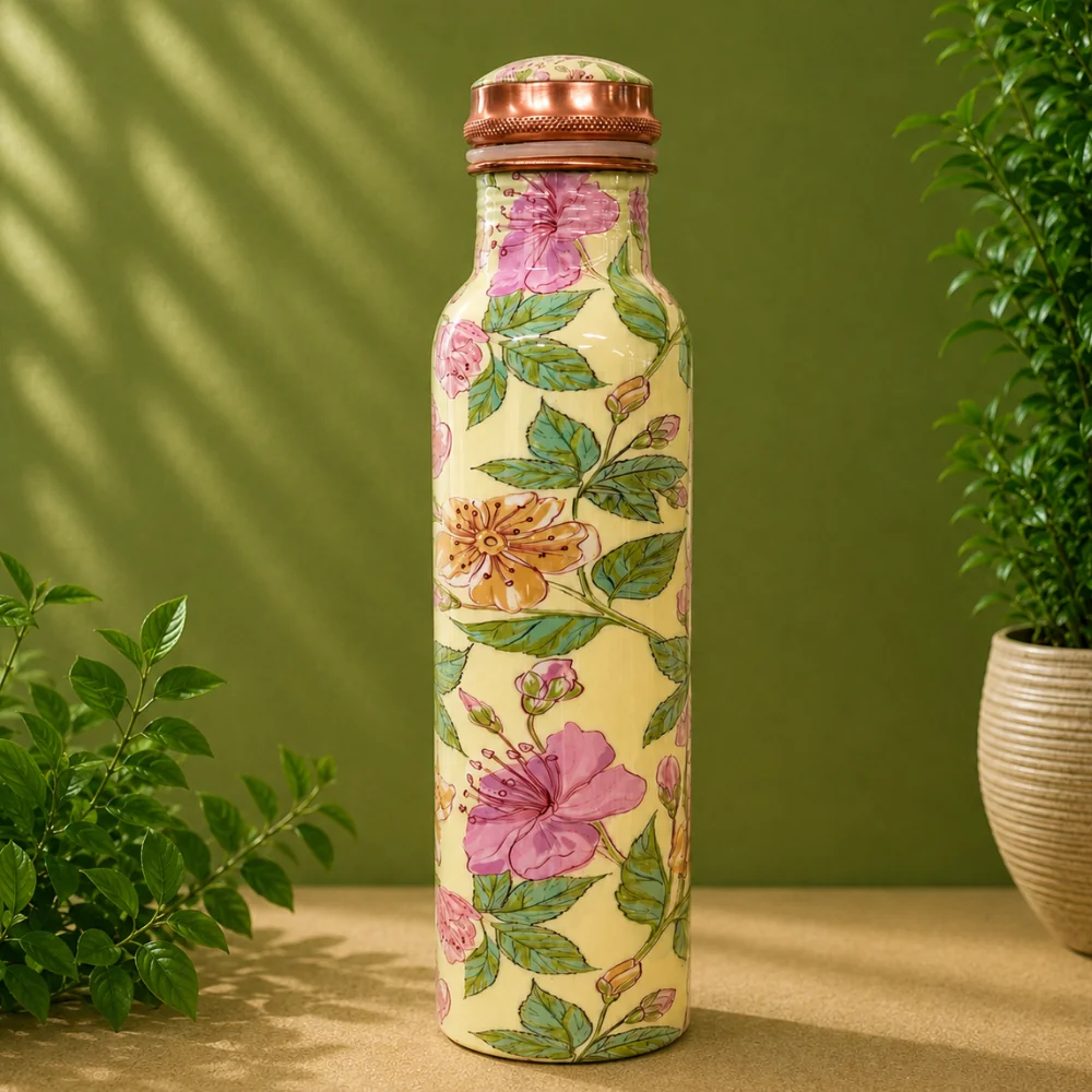 Fľaša na vodu z čistej medi s kvetinovou potlačou, zelená/ružová/krémová – 1 liter/335 g