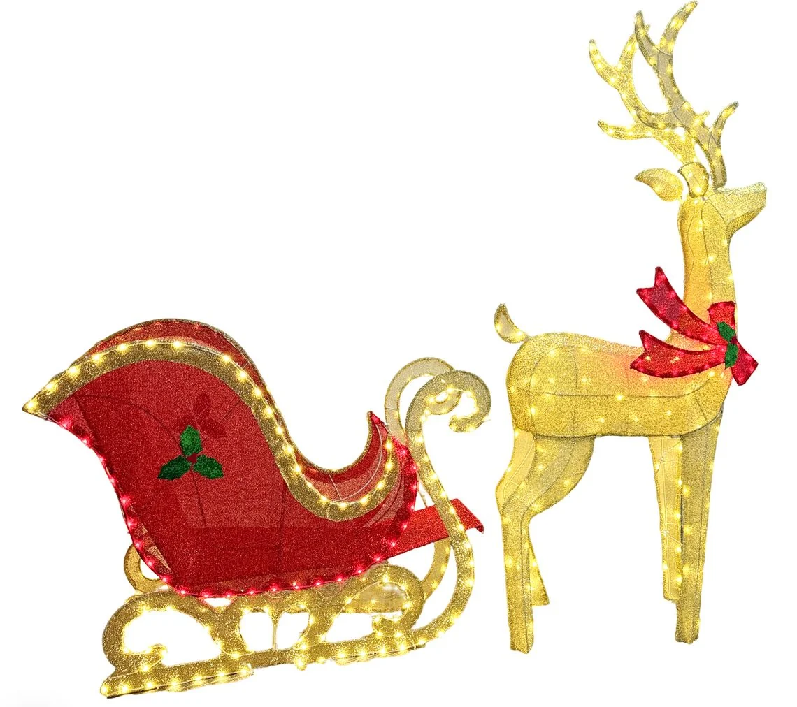 MagicHome vianočný LED jeleň so saňami, 1 ks 448 LED teplá biela, IP44, 155/75 cm