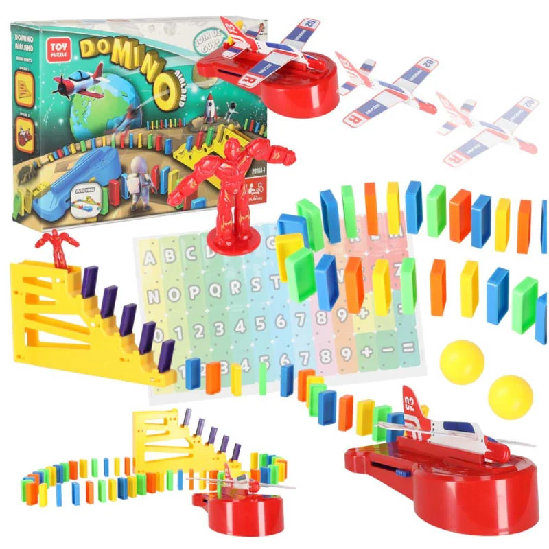 Edu hra DOMINO s vystreľovacím lietadlom – stavebný set