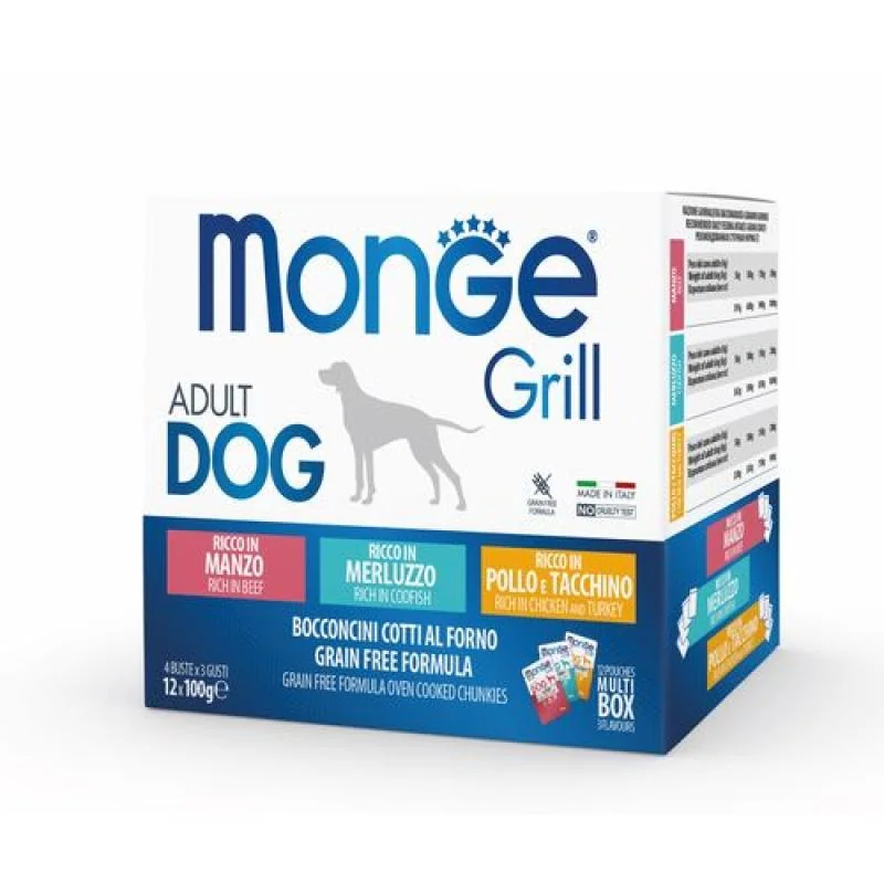 MONGE Grill Adult Dog 12x100g kapsičky pre dospelé psy hovädzie/treska/kuracie a morčacie