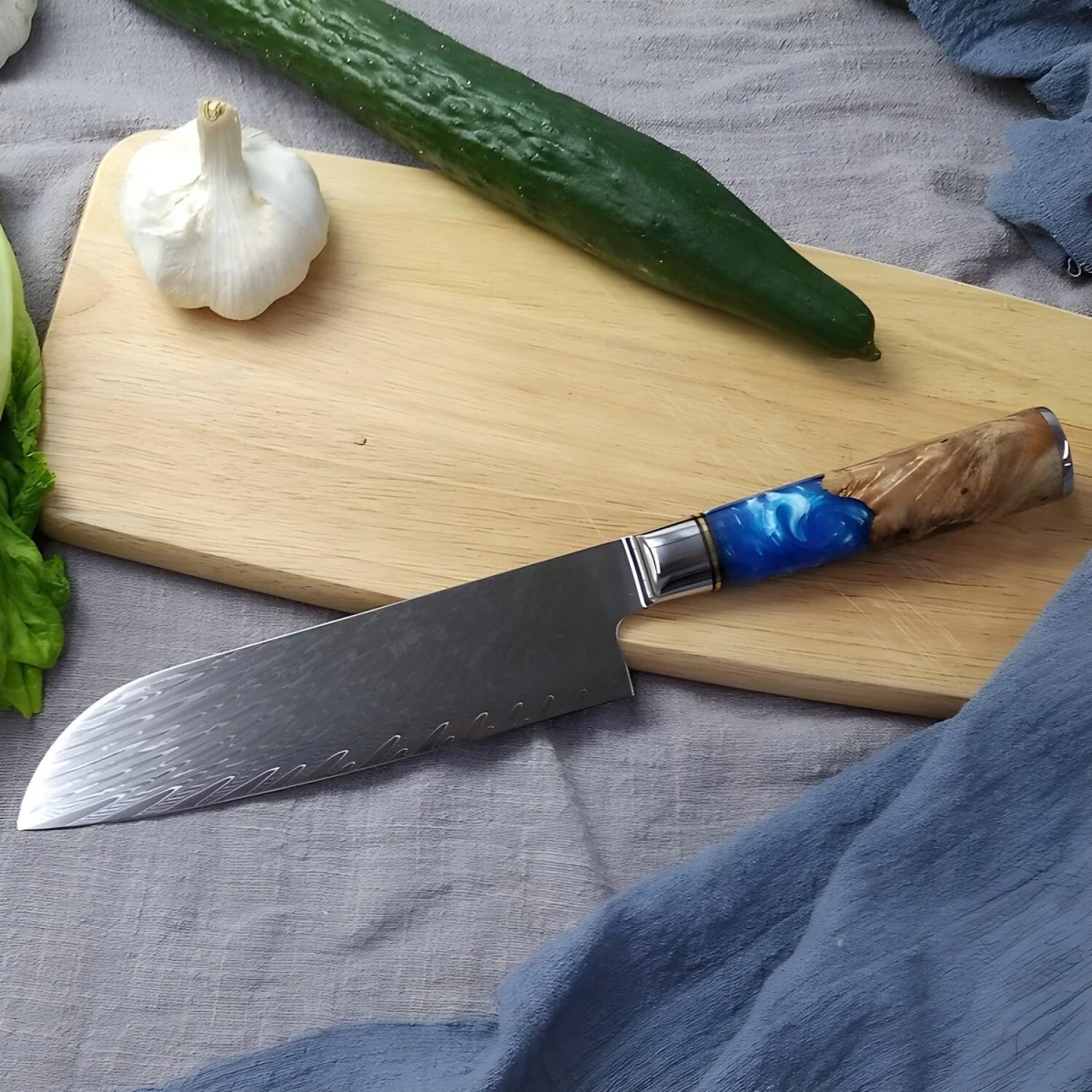 Damaškový kuchynský nôž - Santoku Modrá 31 cm, čepeľ 17,5 cm