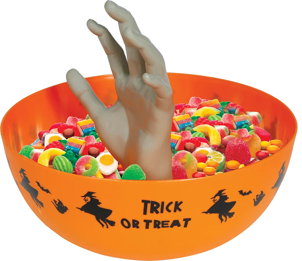 Plastová miska Halloween oranžová s rukou 25cm
