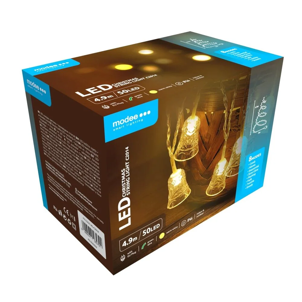 Modee Lighting LED vianočná reťaz 50 LED 4,9m zvončeky, teplá biela
