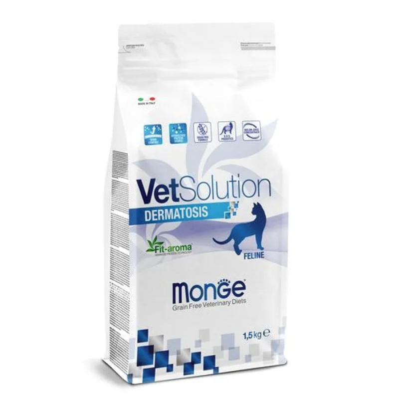 MONGE VetSolution Cat Dermatosis 1,5kg diétne suché krmivo pre mačky na podporu funkcie pokožky pri dermatóze