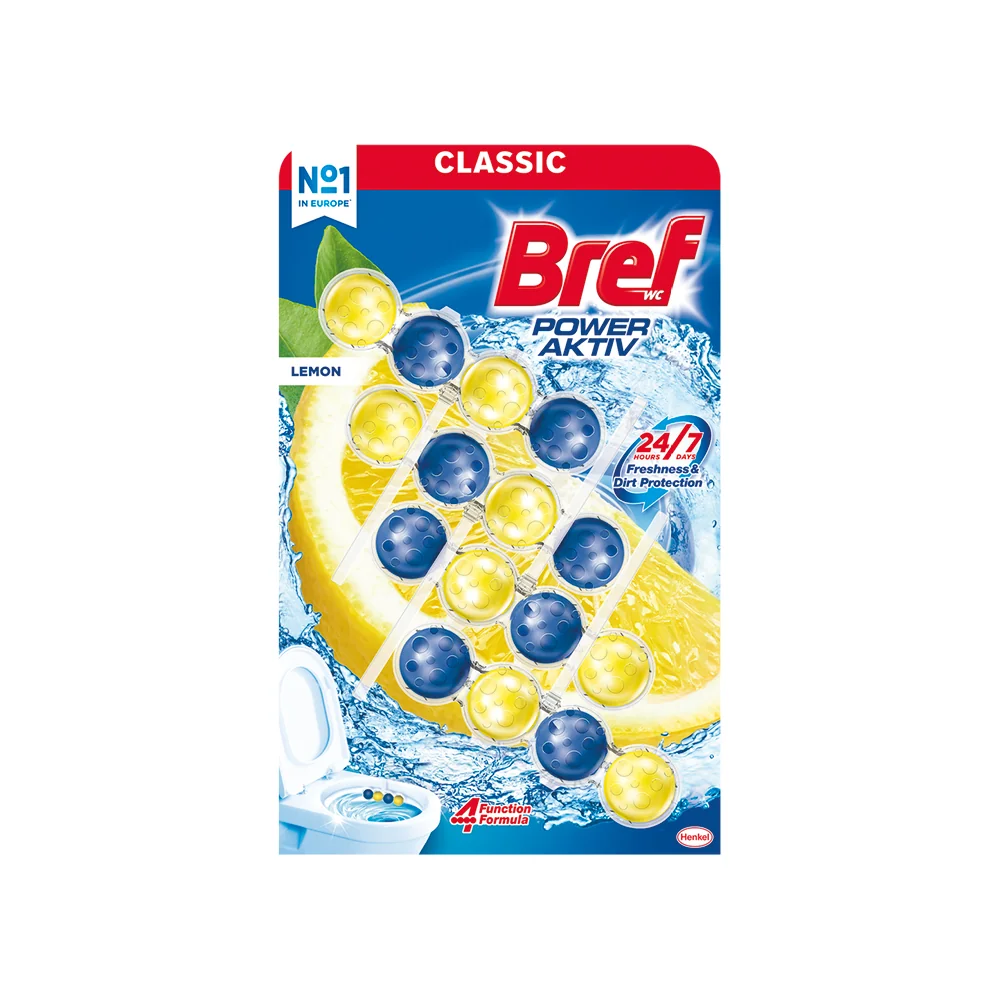 Bref Power Aktiv tuhý WC blok Lemon 4×50 g 4×50 g, WC blok