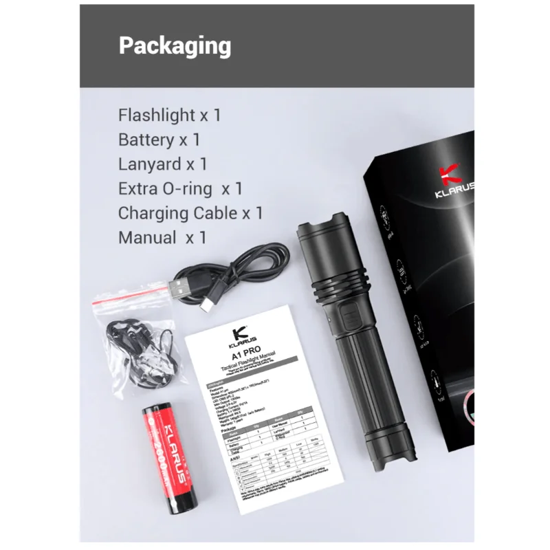 KLARUS A1 Pro taktická baterka s USB-C nabíjaním, 1300 lm, LED CREE-XP-L2, batéria 18650 2600 mAh