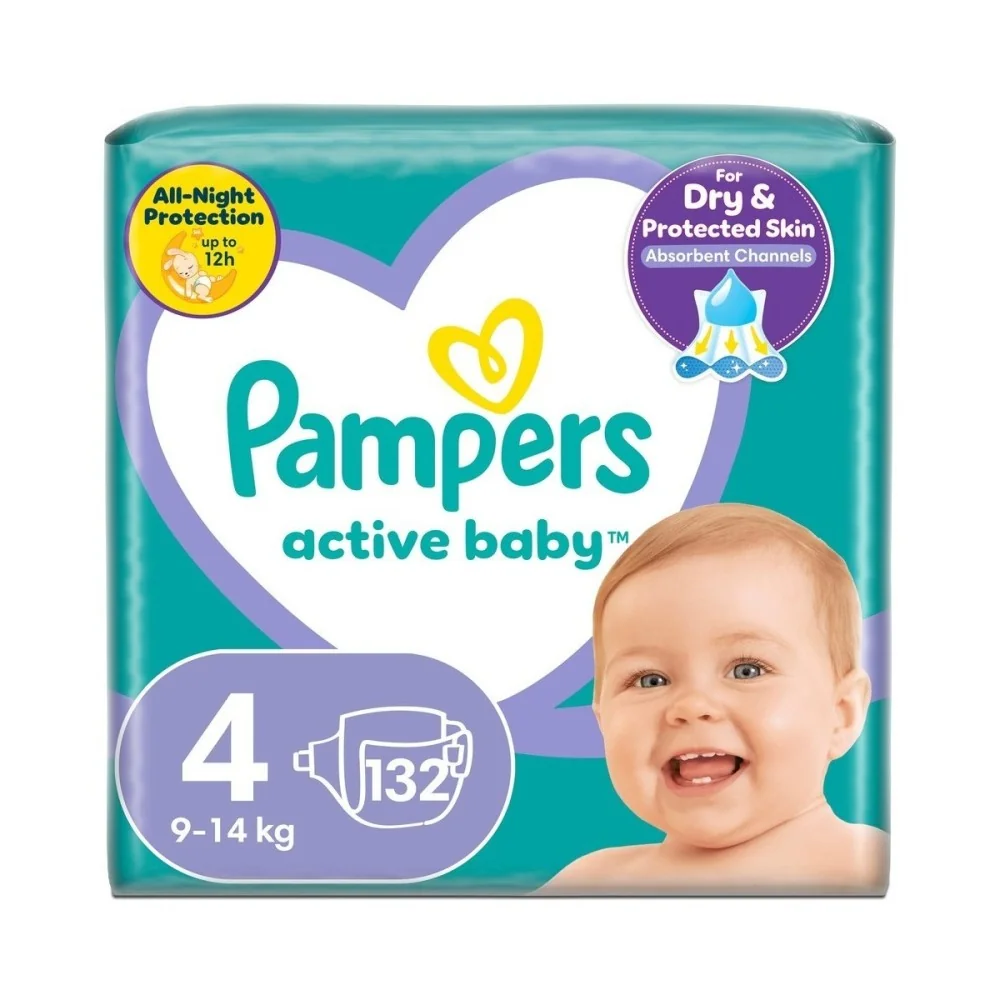 Pampers Active Baby MP+ S4 132ks (9-14kg) 1×132 ks, plienky