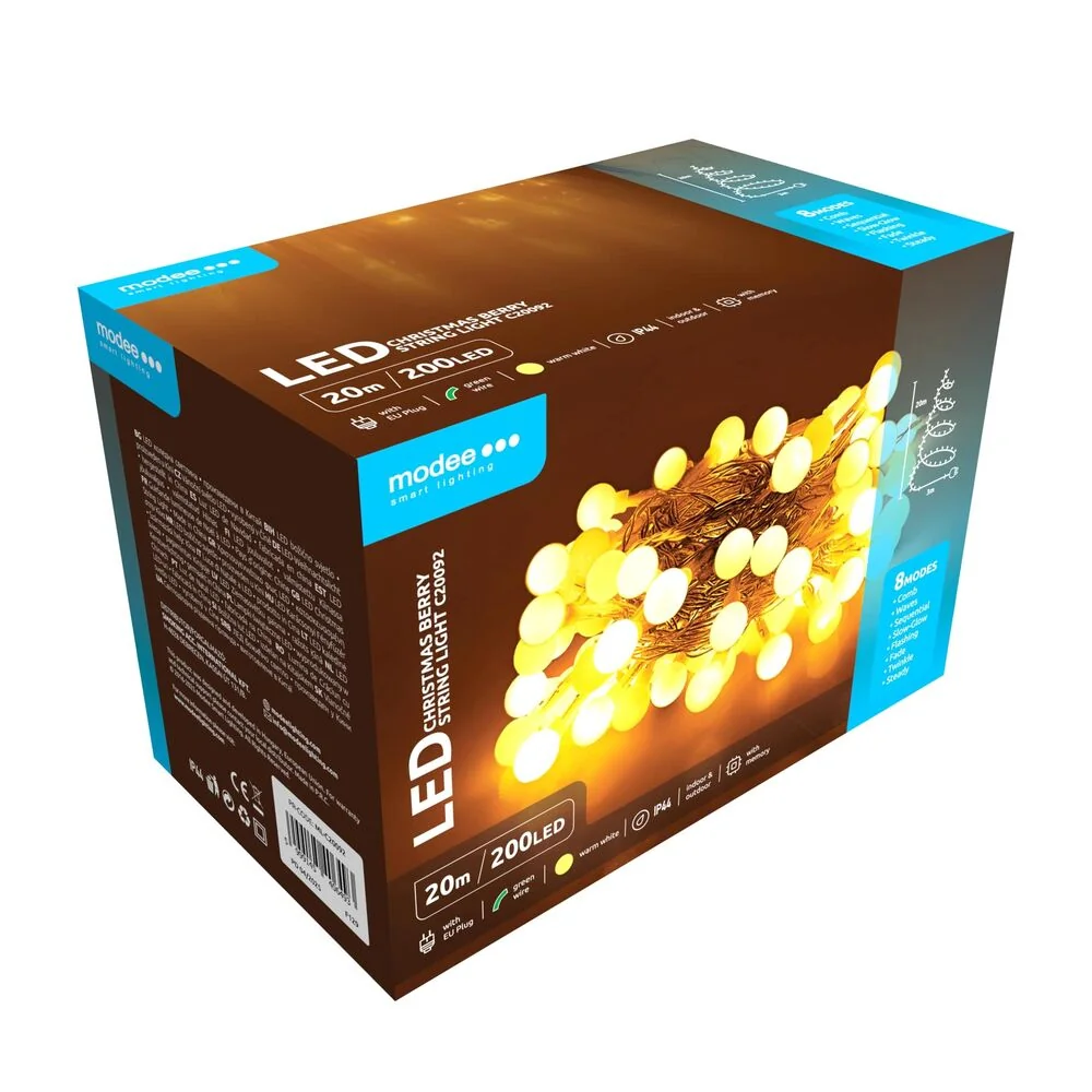 Modee Lighting LED vianočná reťaz 200 LED 20m teplá biela bobule