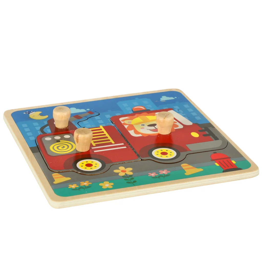 Drevené puzzle hasiči – vzdelávacia skladačka s úchytkami pre deti 