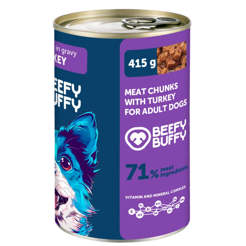 BEEFY BUFFY - Mäsové morčacie kúsočky v omáčke pre psy 415 g (3229)