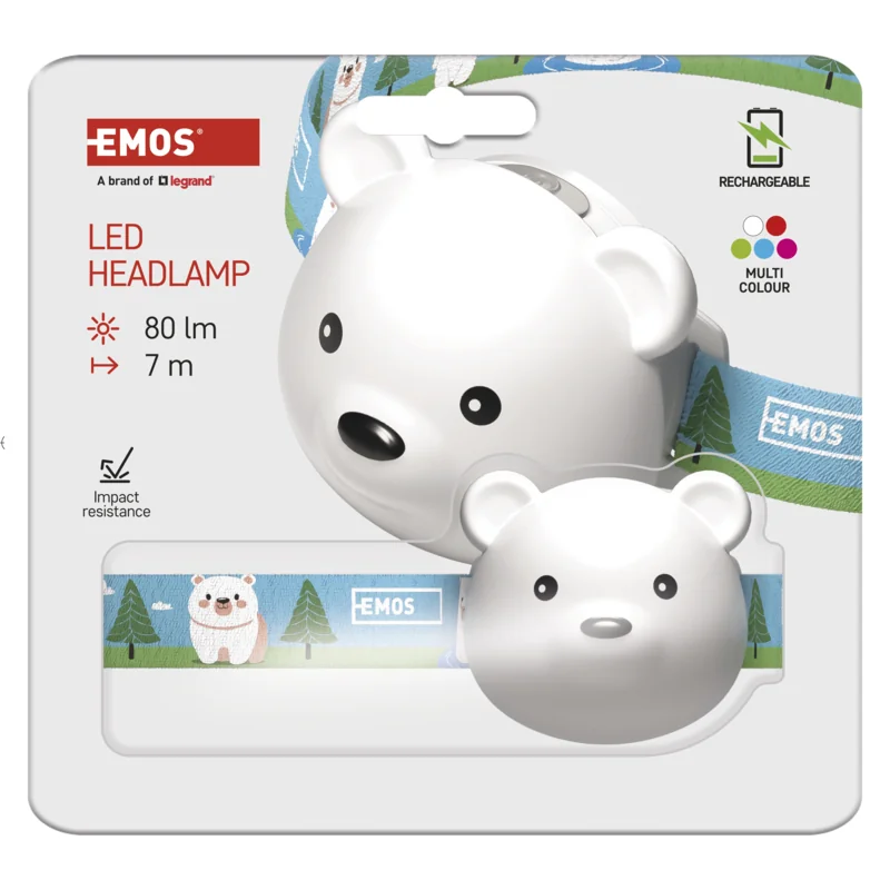 EMOS LED nabíjacia čelovka medveď, 80 lm, 500 mAh 1 ks